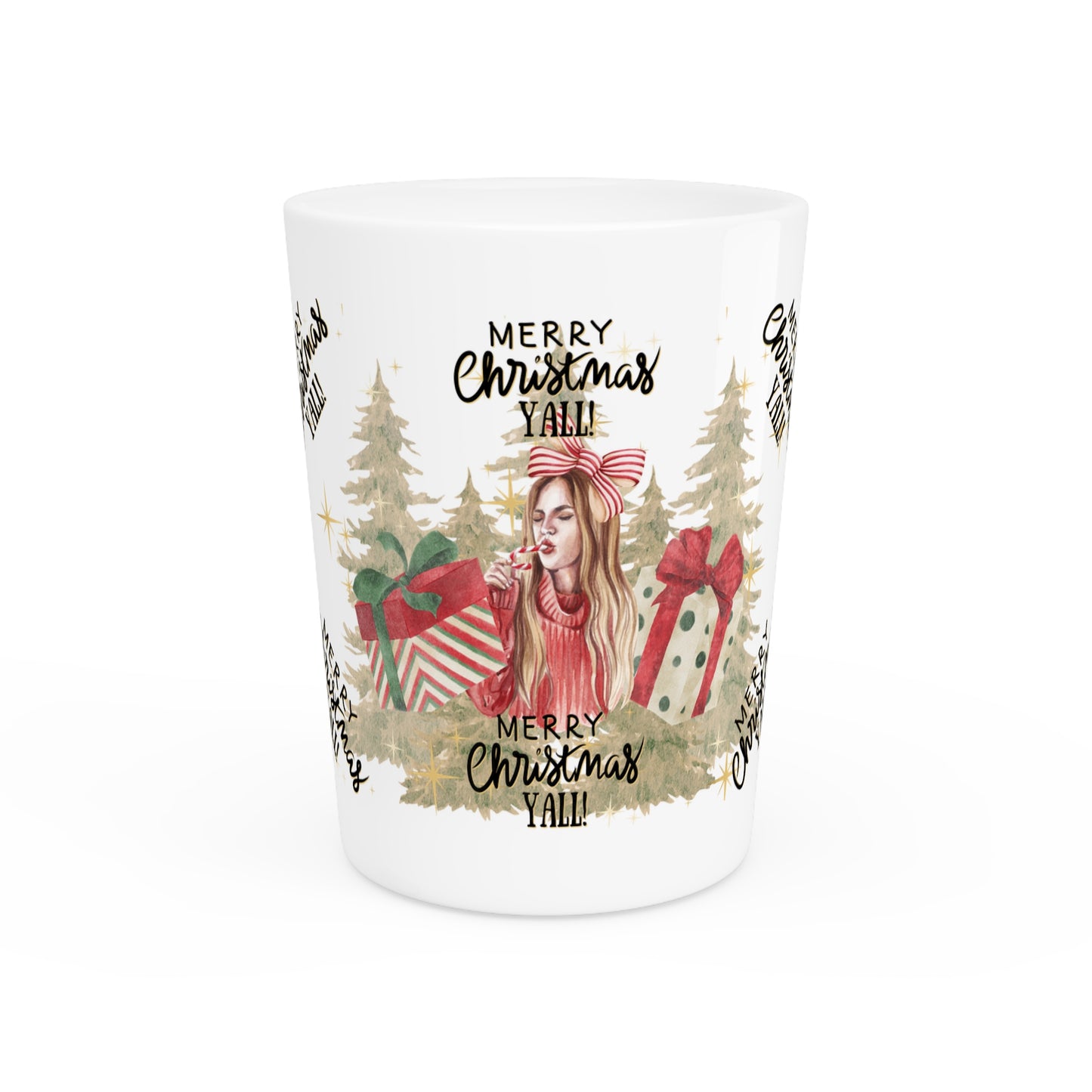 Jingle Juice Shooters — funny Christmas shot glasses with bold festive design, available with white or black interior, 1.9oz ceramic, glossy finish, perfect for holiday parties by Subbin4Sanity.