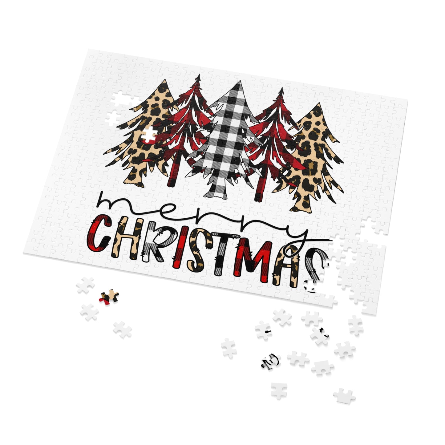 Merry Christmas Jigsaw Puzzle with Tin — Buffalo Plaid & Leopard Trees Merry Christmas Holiday Design