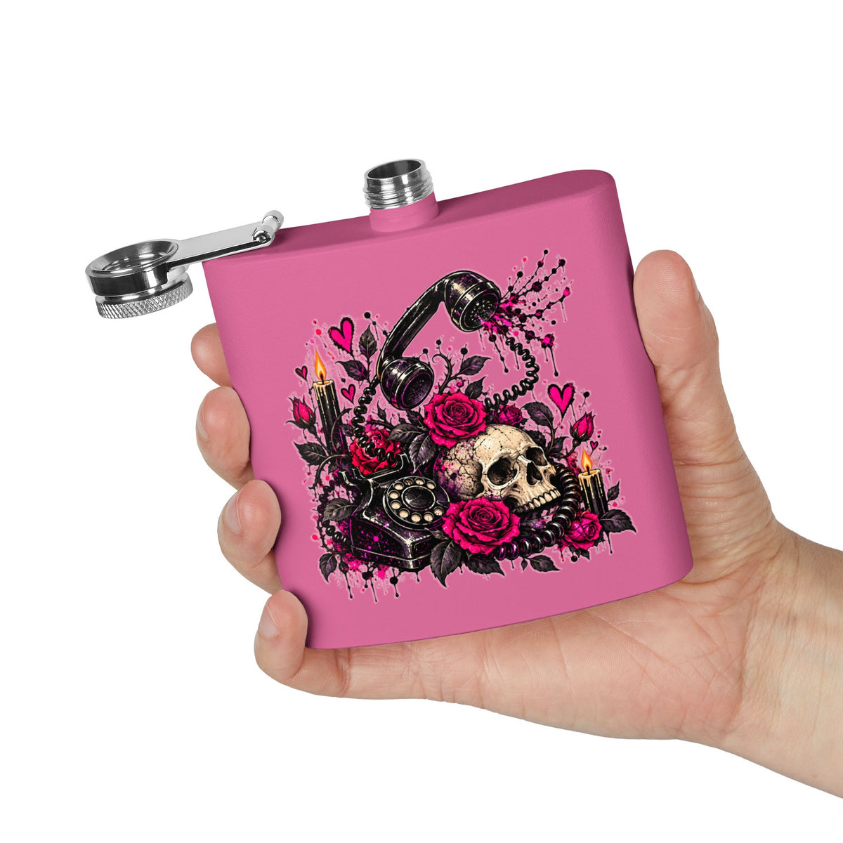 Karma’s Calling 6oz Stainless Steel Flask | Gothic Skull & Telephone Drinking Flask by Subbin4Sanity