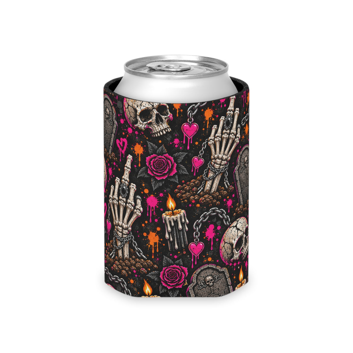 Dirt & Defiance Pattern Foam Grip Koozie | Gothic Skeleton & Floral Can Cooler by Subbin4Sanity
