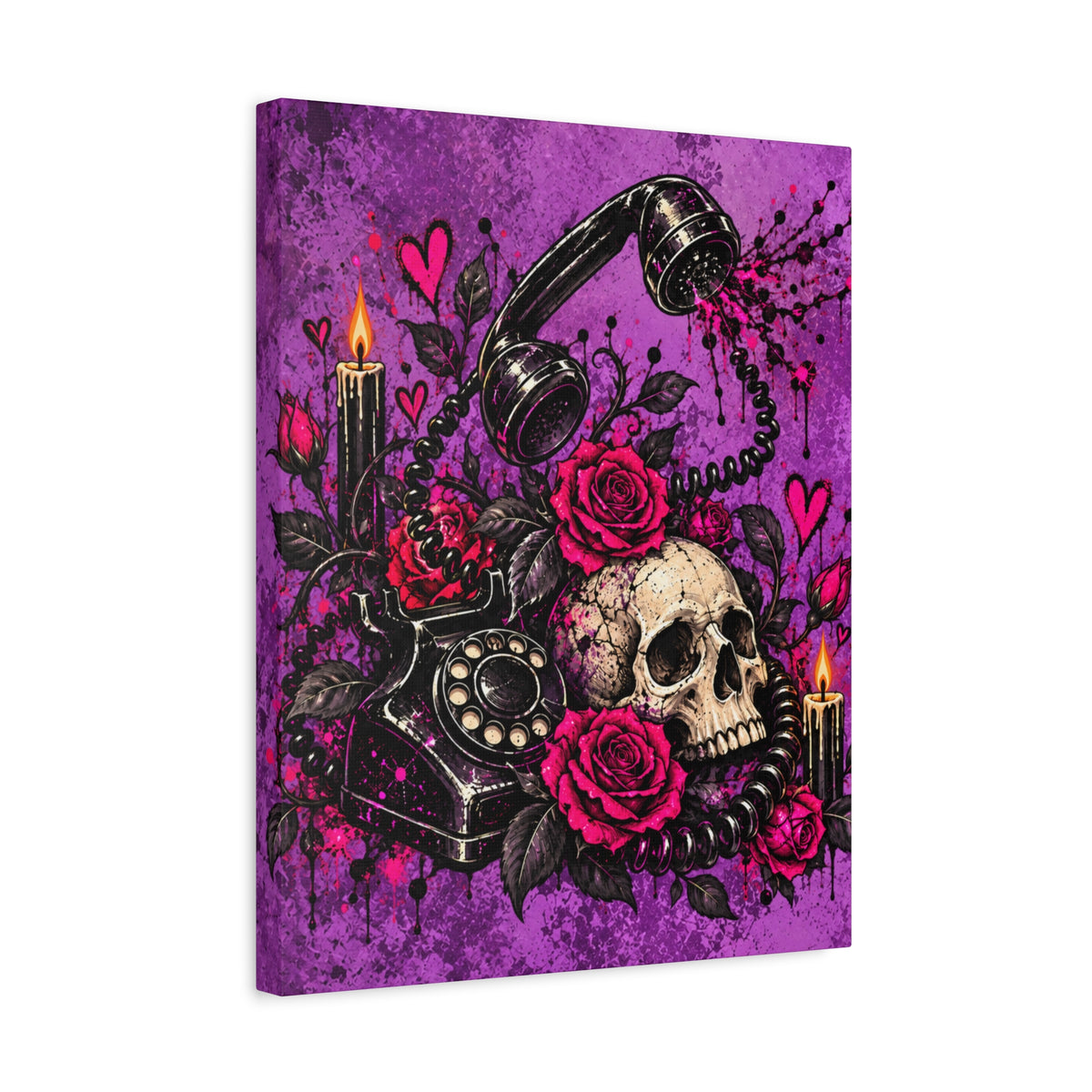 Karma’s Calling Halloween Canvas | Gothic Skull, Roses & Vintage Phone Wall Art by Subbin4Sanity