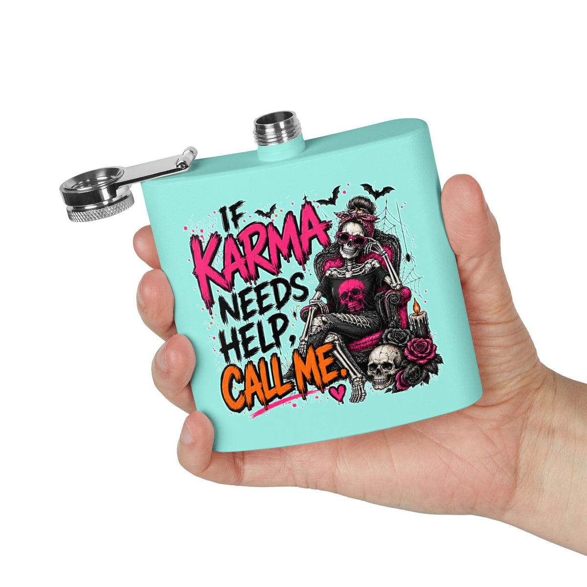 If Karma Needs Help, Call Me 6oz Stainless Steel Flask | Sarcastic Gothic Drinking Flask by Subbin4Sanity