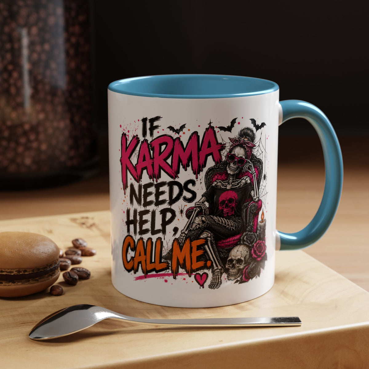If Karma Needs Help Call Me Coffee Mug | Sarcastic Gothic Ceramic Mug by Subbin4Sanity