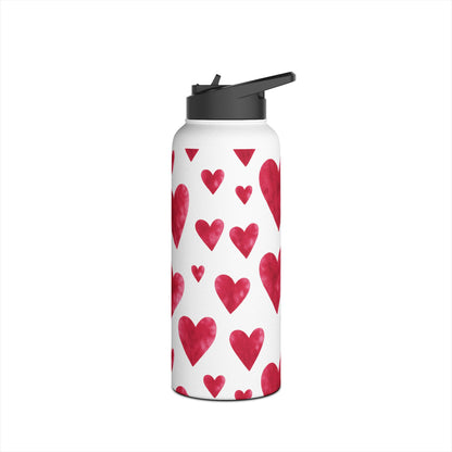 Red Watercolor Heart Patterned Stainless Steel Valentines Water Bottle — Valentine's Day Water Bottle
