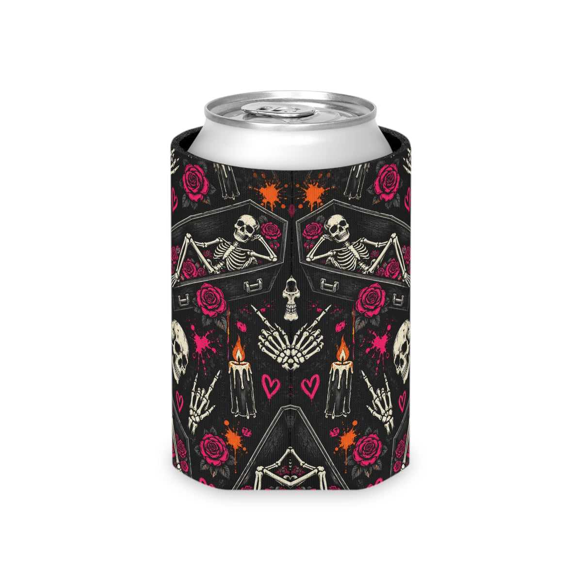 Dead & Unbothered Pattern Foam Grip Koozie | Gothic Skeleton Can Cooler by Subbin4Sanity
