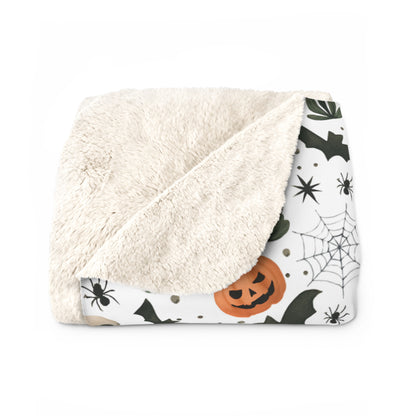 Fall Throw Blanket, Halloween Decor, Sherpa Fleece Blanket, Boho Autumn Home Decor, Spooky Cozy Bedding, Pumpkin Spider Bat Cactus Design