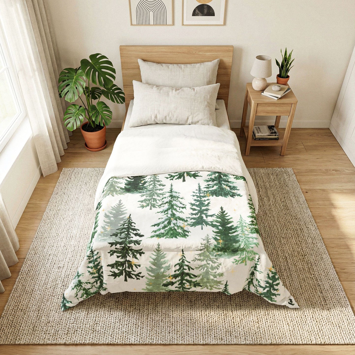 Winter Woods Comforter Blanket | Christmas Pine Forest Cotton Comforter – Green Watercolor Evergreen Bedding by Subbin4Sanity
