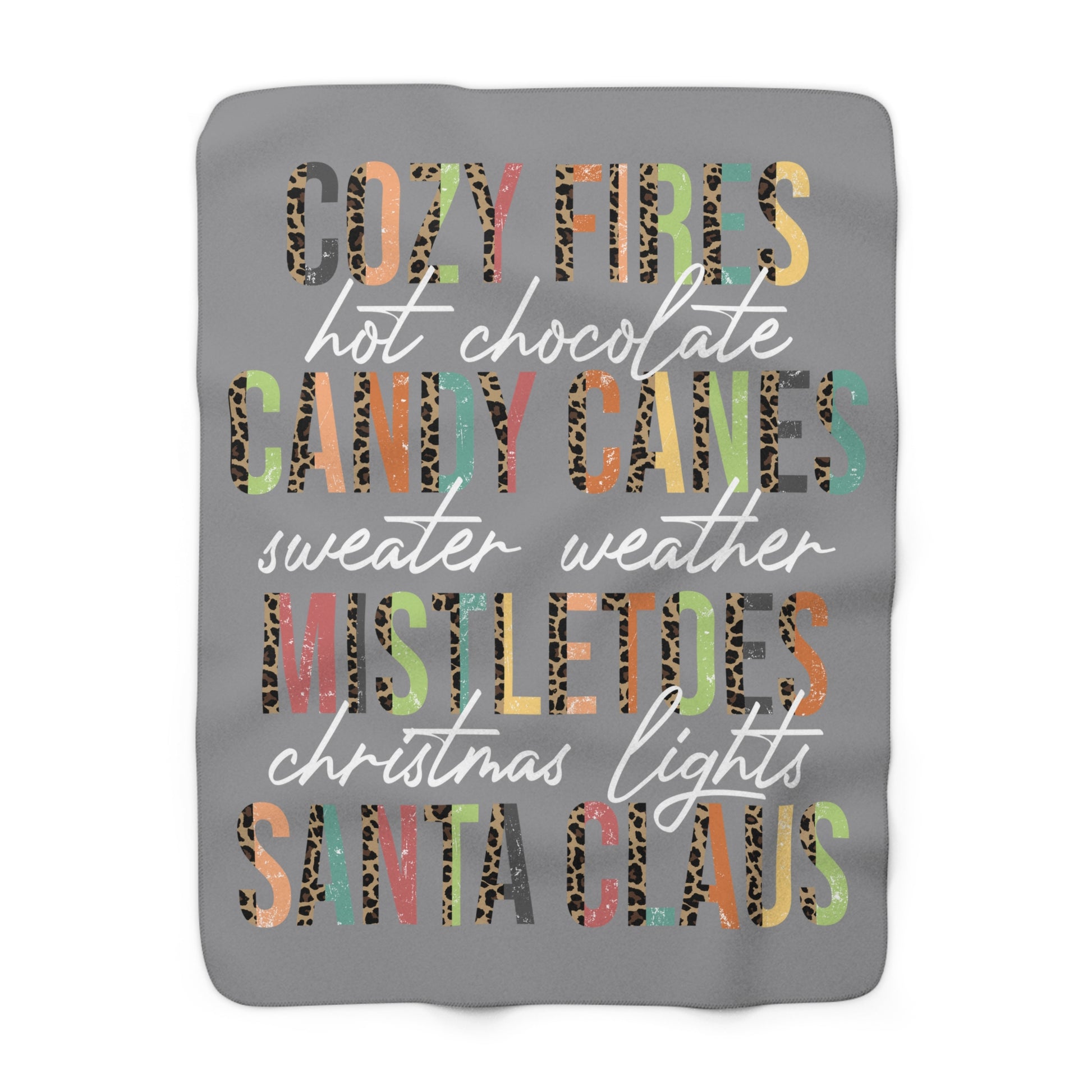 Grey Christmas sherpa fleece blanket with cozy holiday word art design