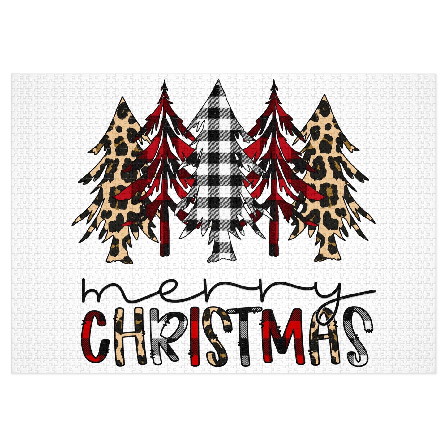 Merry Christmas Jigsaw Puzzle with Tin — Buffalo Plaid & Leopard Trees Merry Christmas Holiday Design