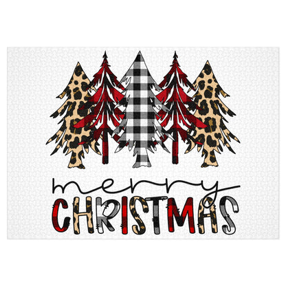 Merry Christmas Jigsaw Puzzle with Tin — Buffalo Plaid & Leopard Trees Merry Christmas Holiday Design