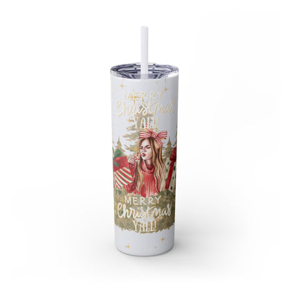 Christmas Skinny Tumbler with Straw, 20oz, "Merry Christmas Yall/I'm a gift"