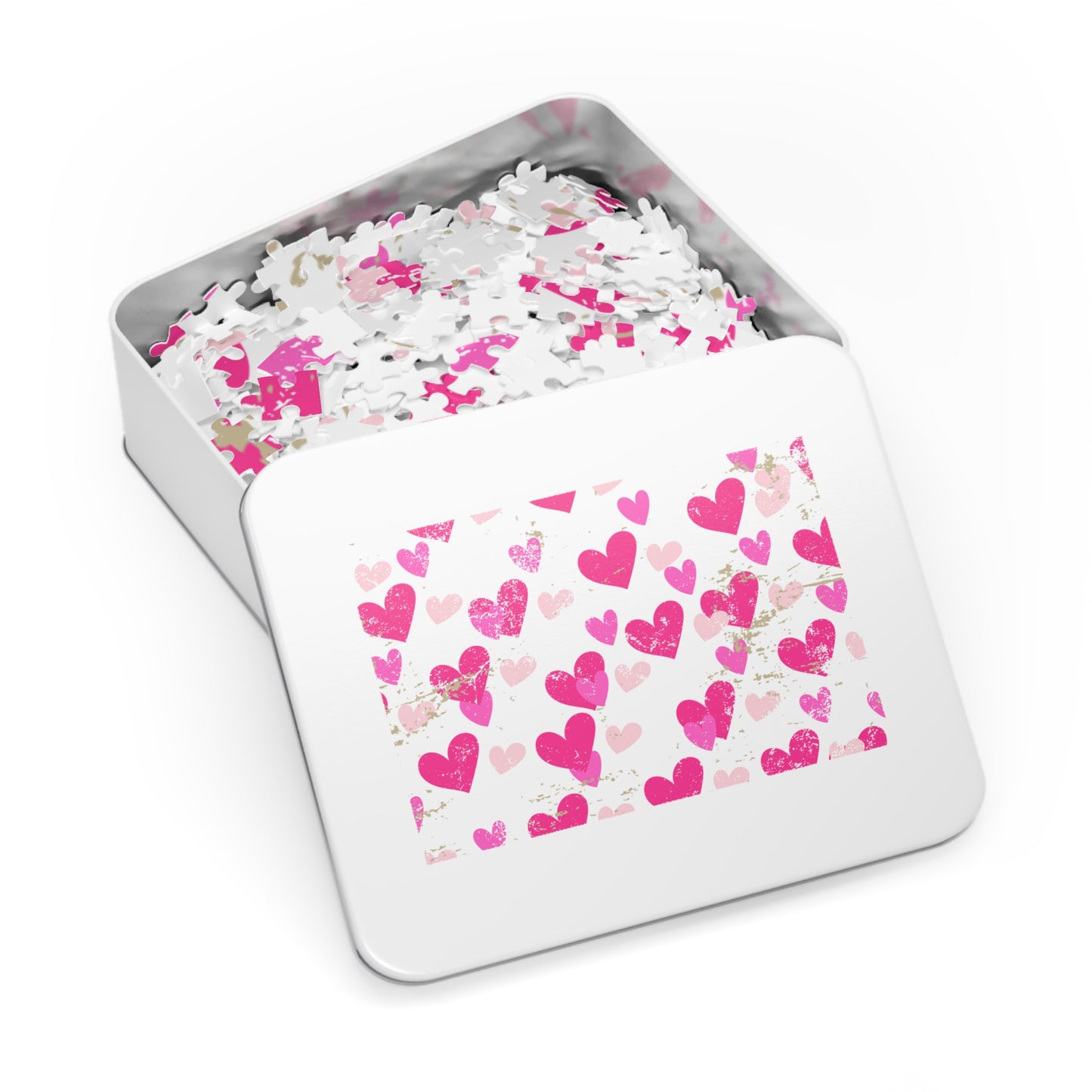 Heart Pattern Jigsaw Puzzle with Tin — Pink Hearts Valentine Puzzle Gift
