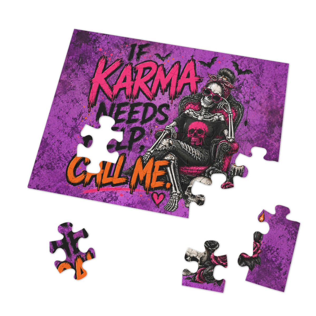 If Karma Needs Help, Call Me Halloween Jigsaw Puzzle | Sarcastic Gothic Skull Puzzle by Subbin4Sanity