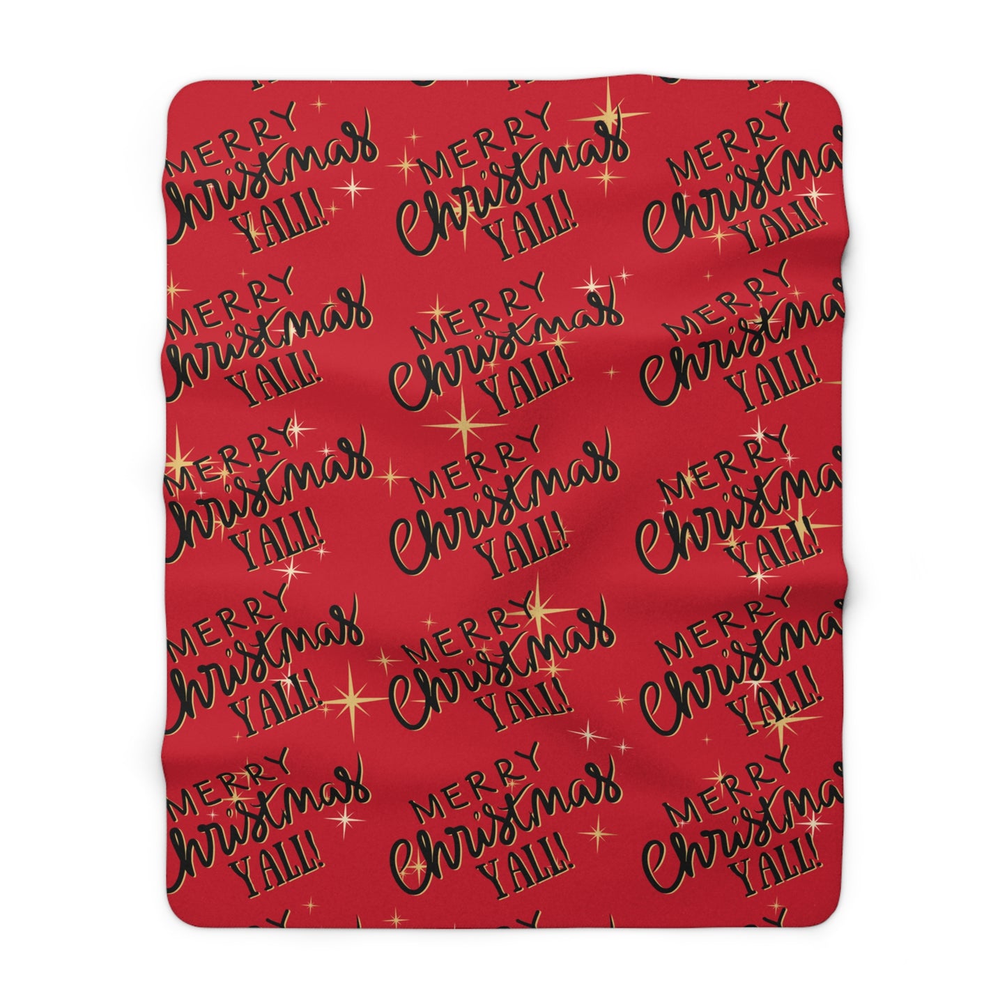 Red Christmas sherpa fleece blanket with star pattern and Merry Christmas Y’all