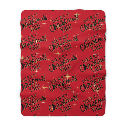 Red Christmas sherpa fleece blanket with star pattern and Merry Christmas Y’all