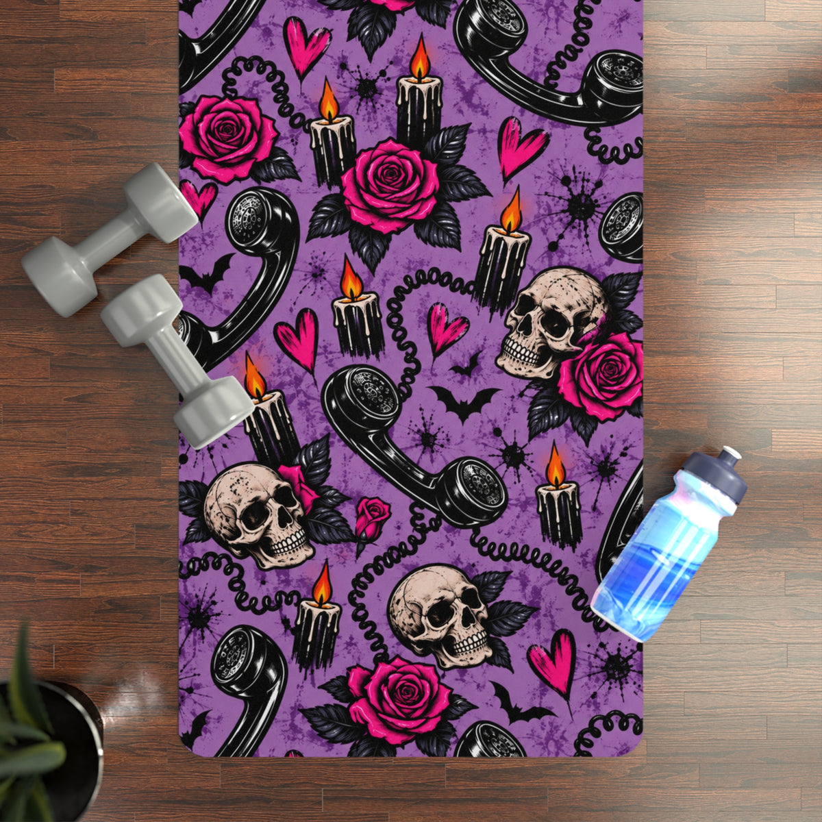 Karma’s Calling Pattern Rubber Yoga Mat | Gothic Telephone & Skull Workout Mat by Subbin4Sanity