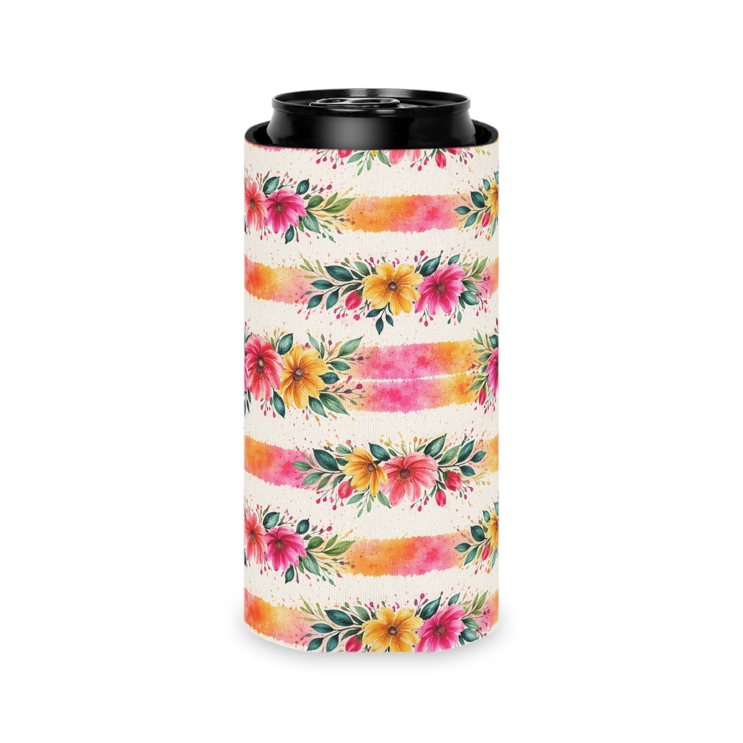 Wildflower Garden Stripe Pattern – Splatter Bloom Collection — Lightweight Foam Grip Lined Koozie