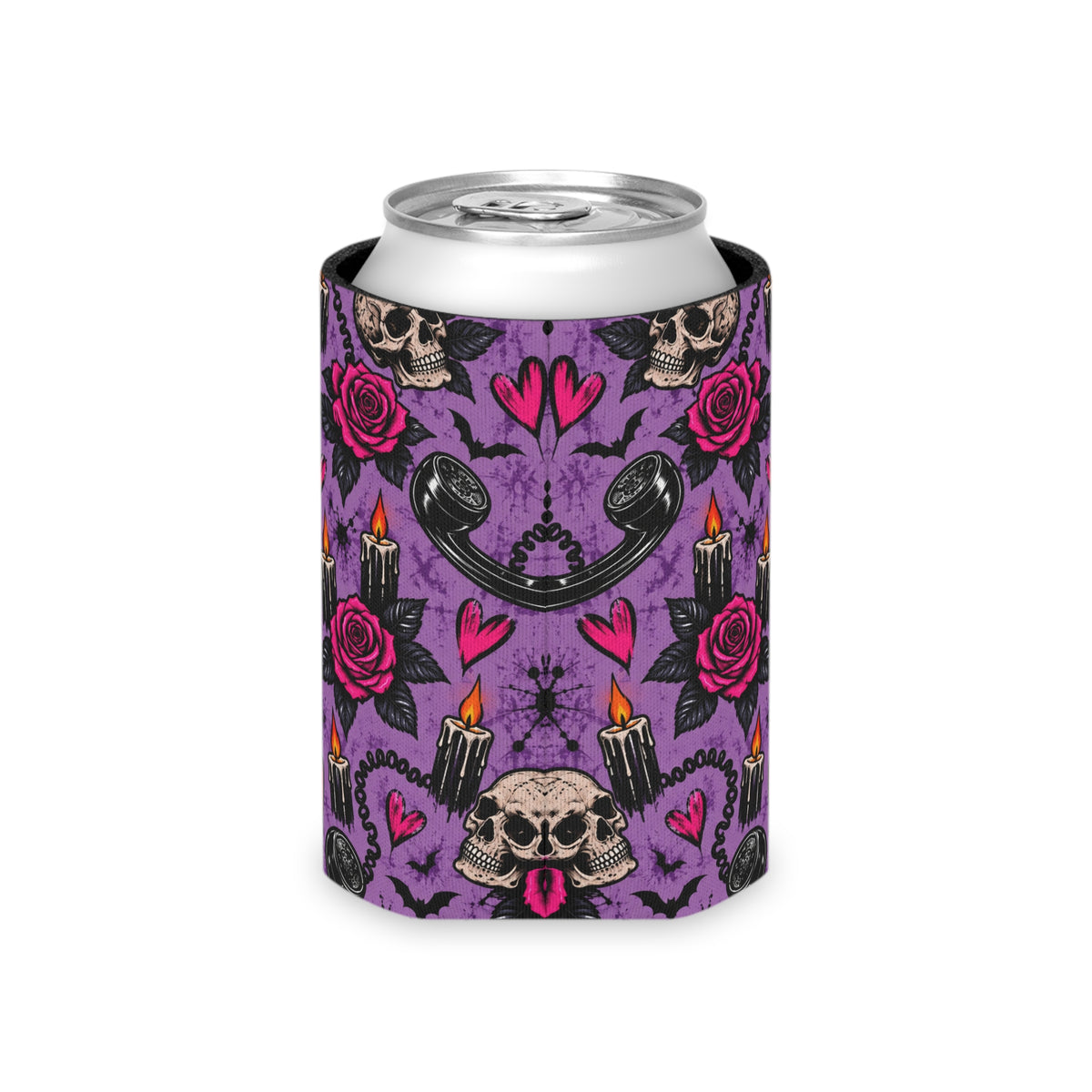 Karma’s Calling Pattern Foam Grip Koozie | Gothic Telephone & Rose Can Cooler by Subbin4Sanity