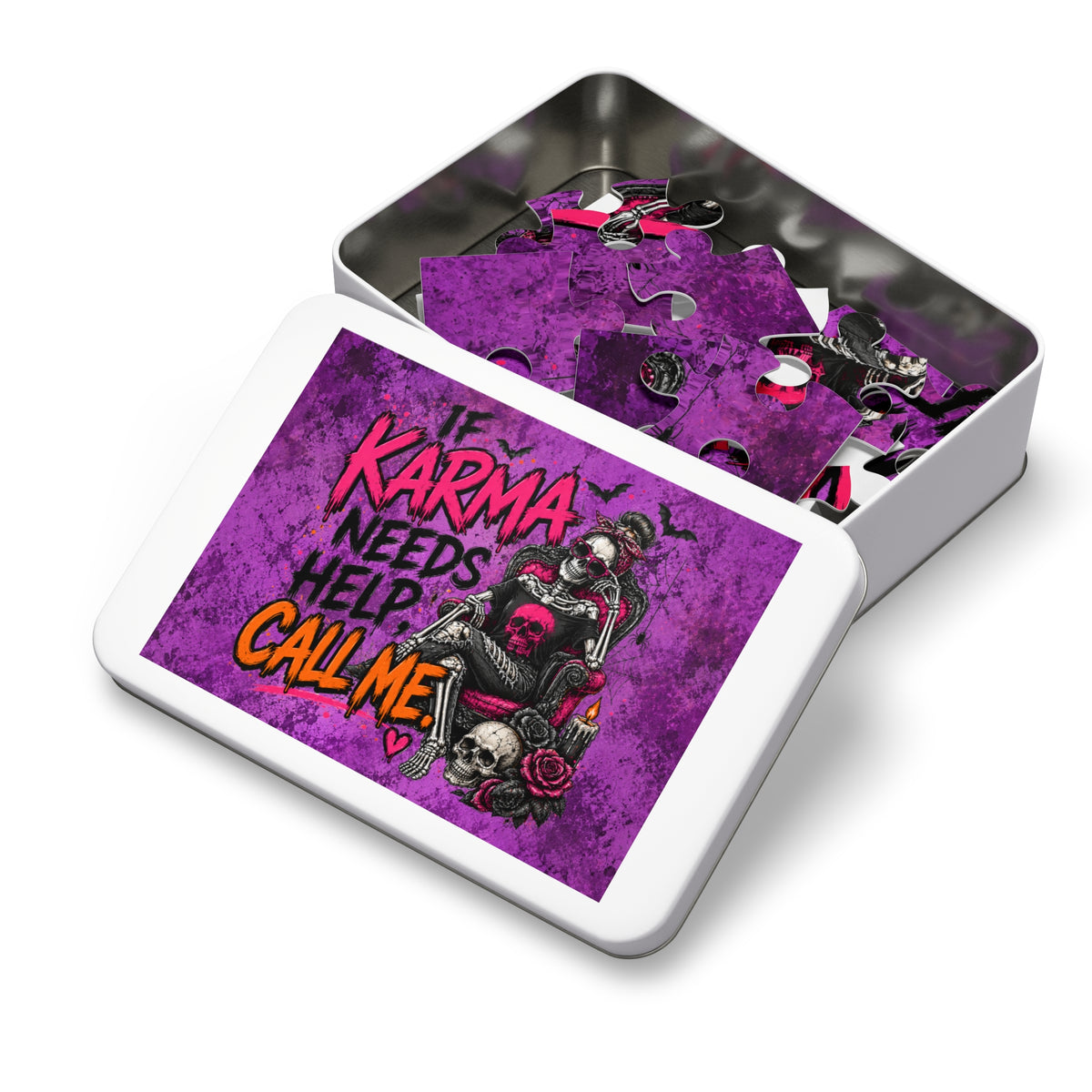 If Karma Needs Help, Call Me Halloween Jigsaw Puzzle | Sarcastic Gothic Skull Puzzle by Subbin4Sanity