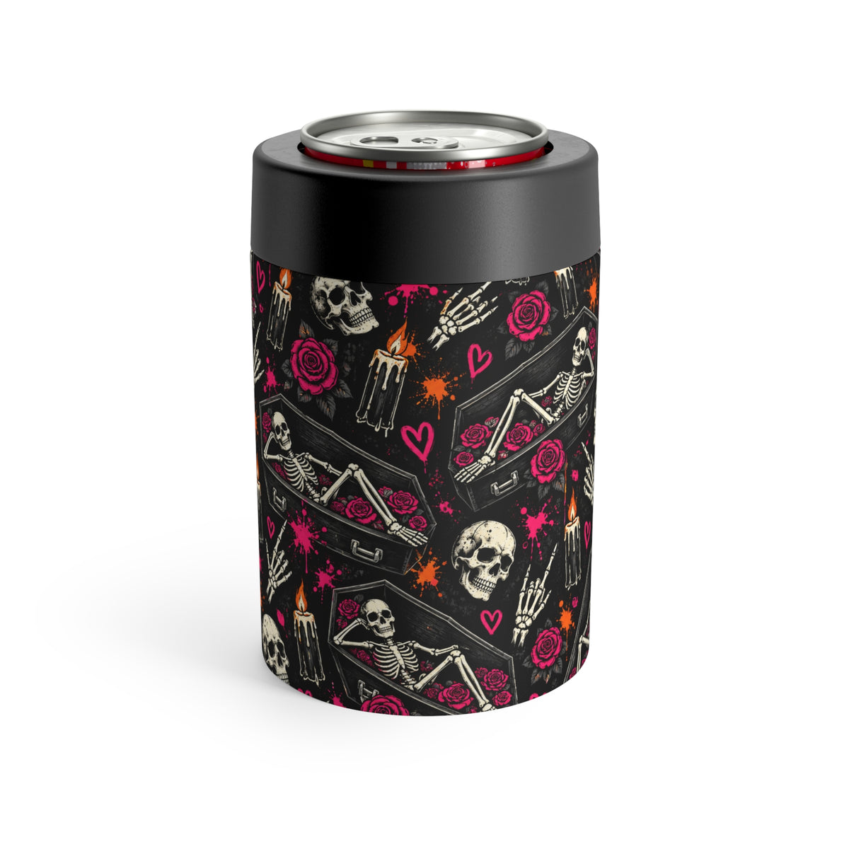 Dead & Unbothered Pattern 12oz Insulated Stainless Steel Koozie | Gothic Skeleton Can Holder by Subbin4Sanity