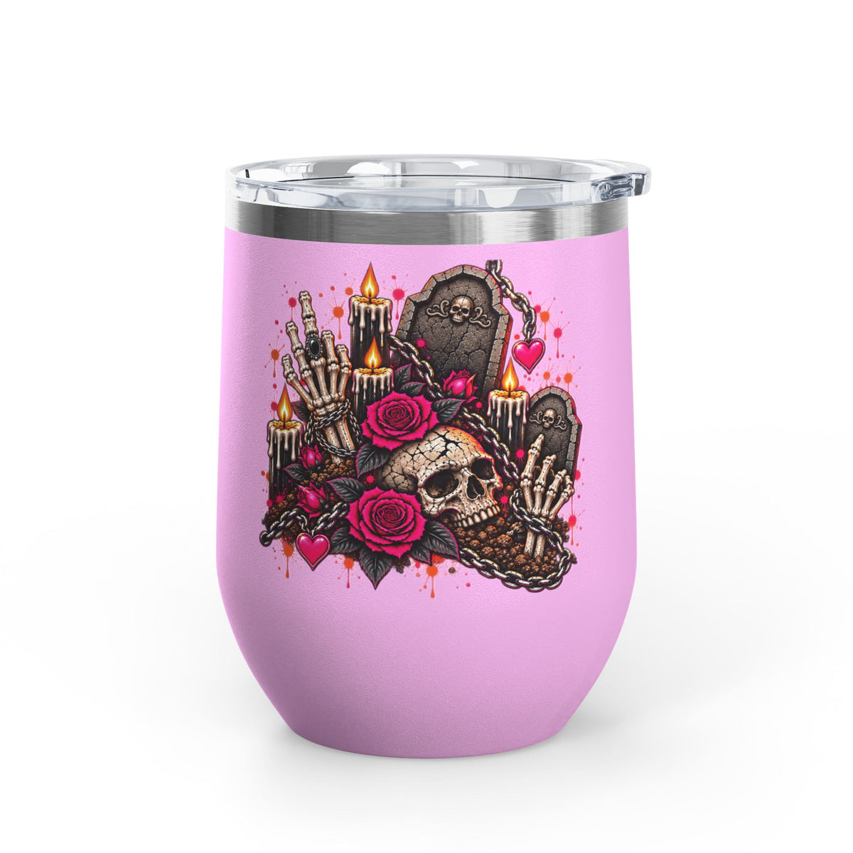 Dirt & Defiance 12oz Wine Tumbler | Gothic Skull & Coffin Stainless Steel Cup by Subbin4Sanity