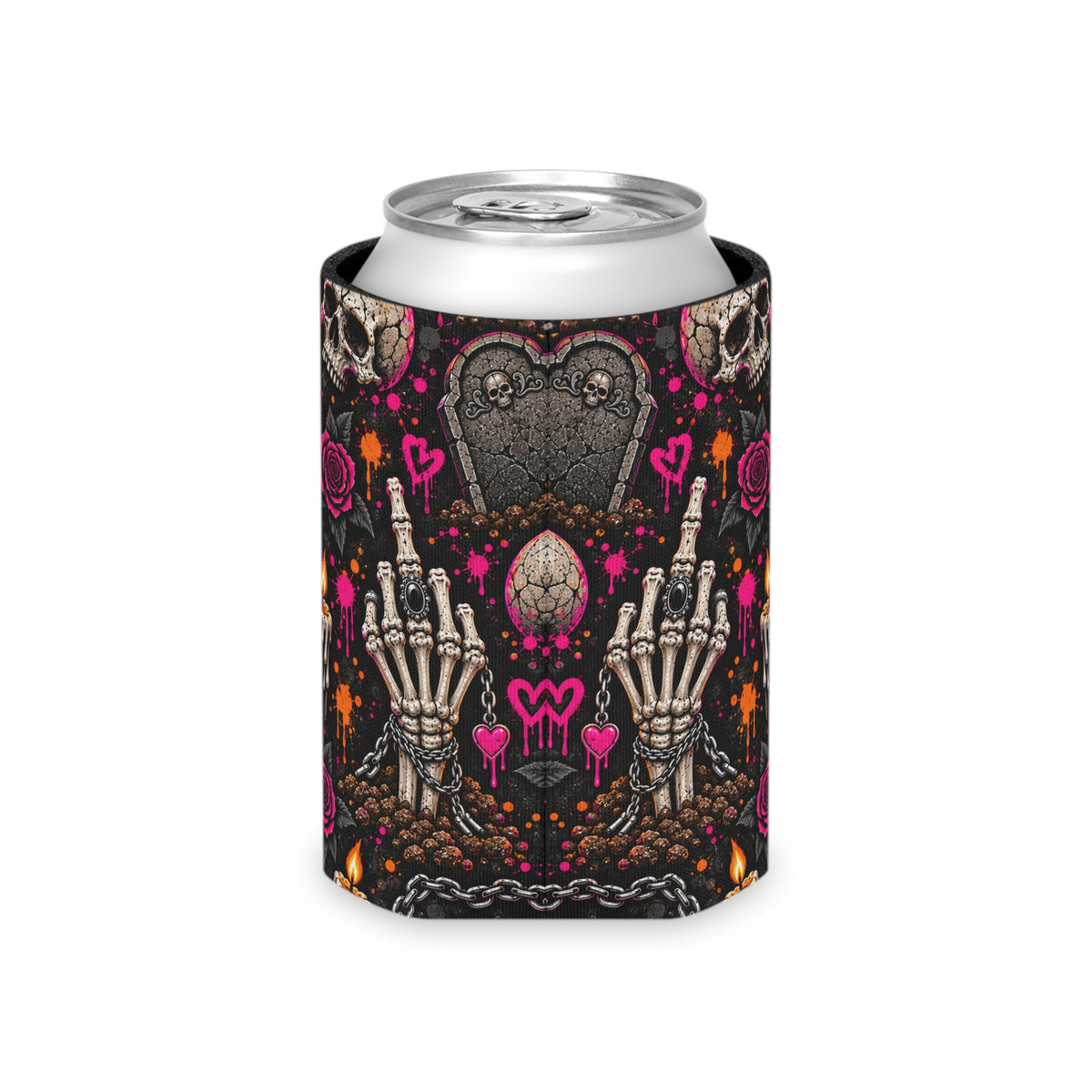 Dirt & Defiance Pattern Foam Grip Koozie | Gothic Skeleton & Floral Can Cooler by Subbin4Sanity