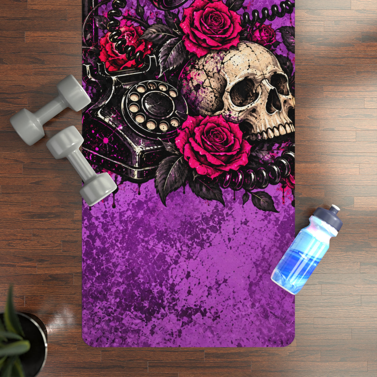 Karma’s Calling Rubber Yoga Mat | Gothic Skull & Telephone Workout Mat by Subbin4Sanity