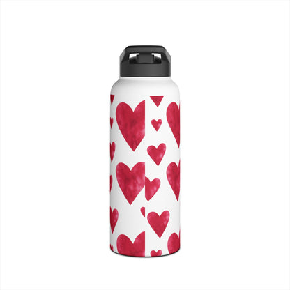Red Watercolor Heart Patterned Stainless Steel Valentines Water Bottle — Valentine's Day Water Bottle