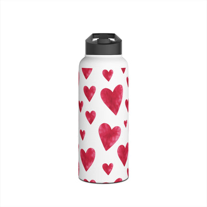 Red Watercolor Heart Patterned Stainless Steel Valentines Water Bottle — Valentine's Day Water Bottle