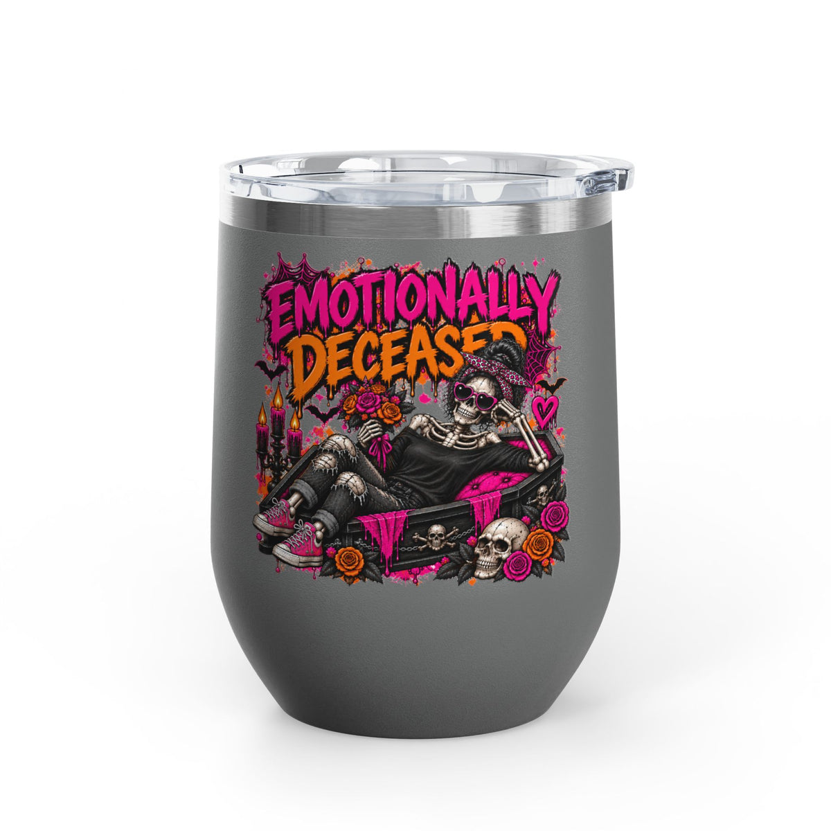 Emotionally Deceased 12oz Wine Tumbler | Dark Humor Gothic Stainless Steel Cup by Subbin4Sanity