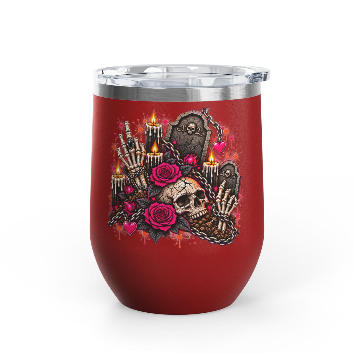 Dirt & Defiance 12oz Wine Tumbler | Gothic Skull & Coffin Stainless Steel Cup by Subbin4Sanity