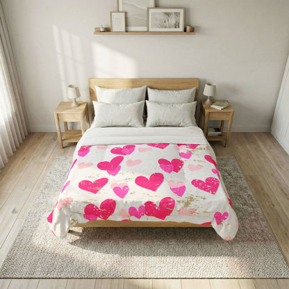 Love Worn Cozy Comforter Blanket | Distressed Heart Print Cotton Comforter – Pink Love Pattern Bedding by Subbin4Sanity