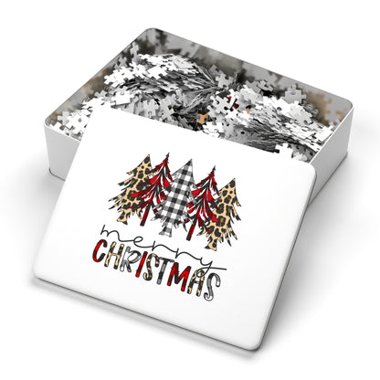 Merry Christmas Jigsaw Puzzle with Tin — Buffalo Plaid & Leopard Trees Merry Christmas Holiday Design