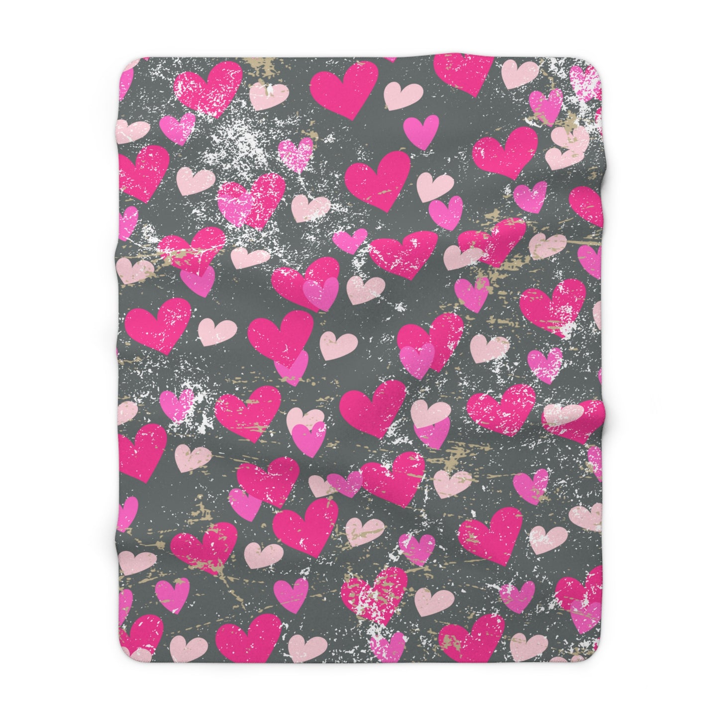 Grey Valentine’s sherpa fleece blanket with pink hearts pattern