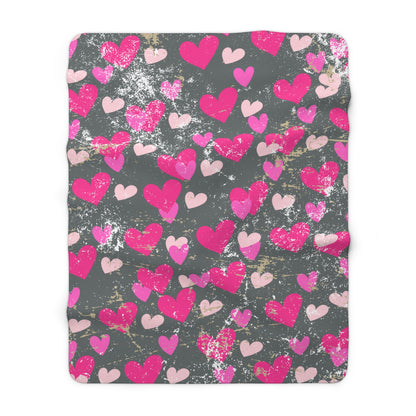 Grey Valentine’s sherpa fleece blanket with pink hearts pattern