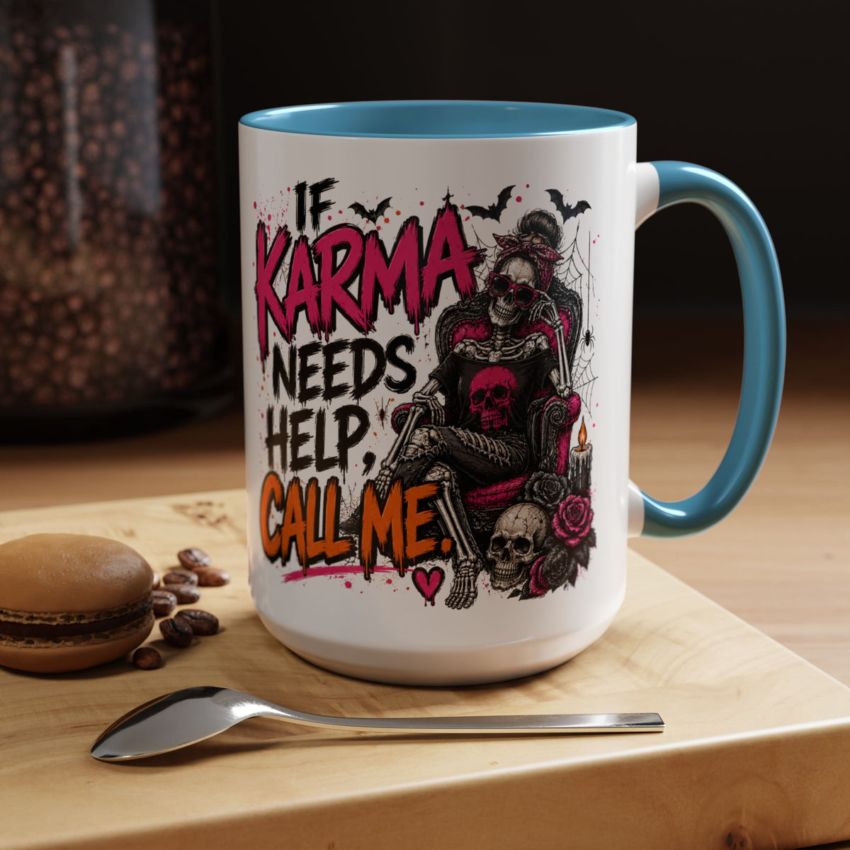If Karma Needs Help Call Me Coffee Mug | Sarcastic Gothic Ceramic Mug by Subbin4Sanity