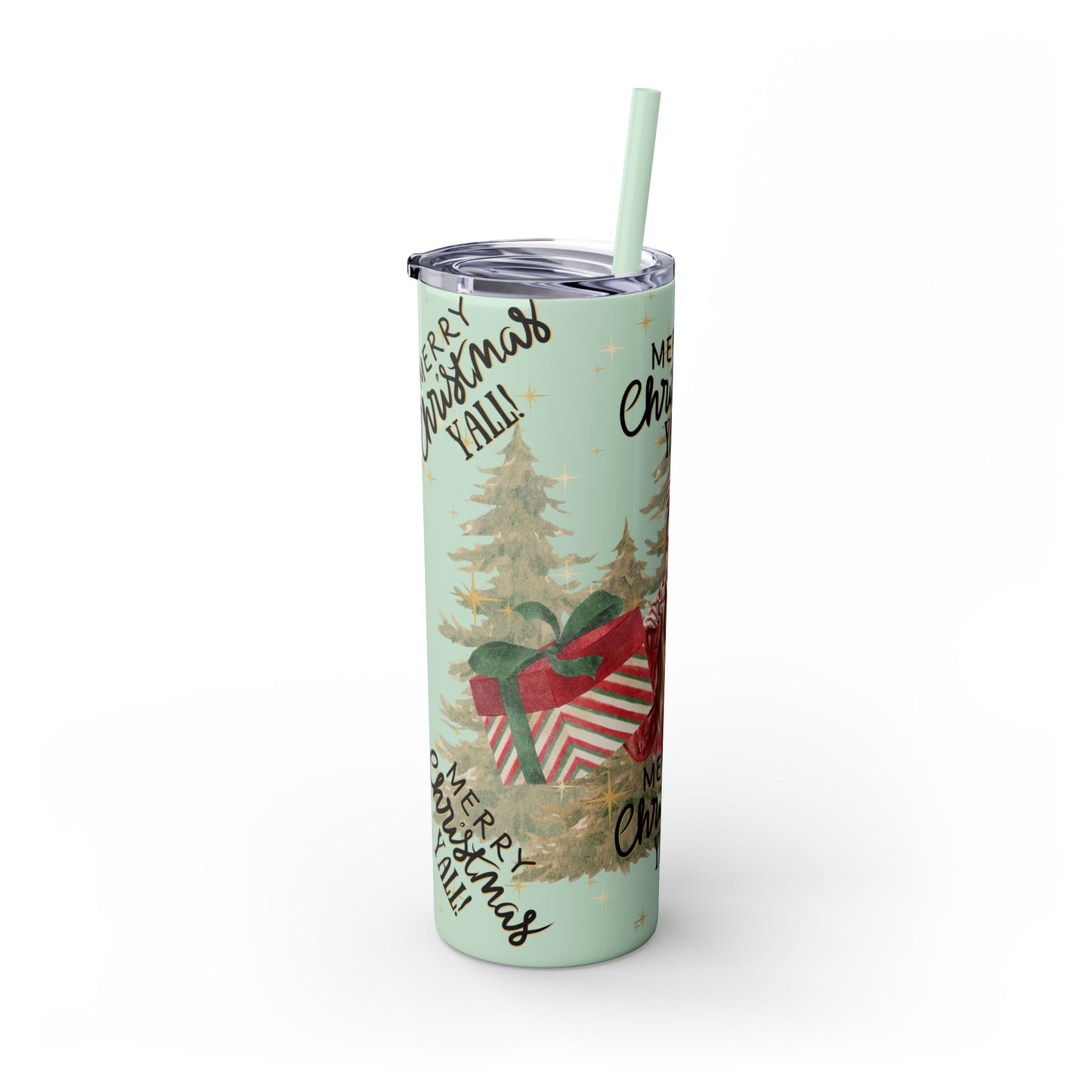 Christmas Skinny Tumbler with Straw, 20oz, "Merry Christmas Yall/I'm a gift"