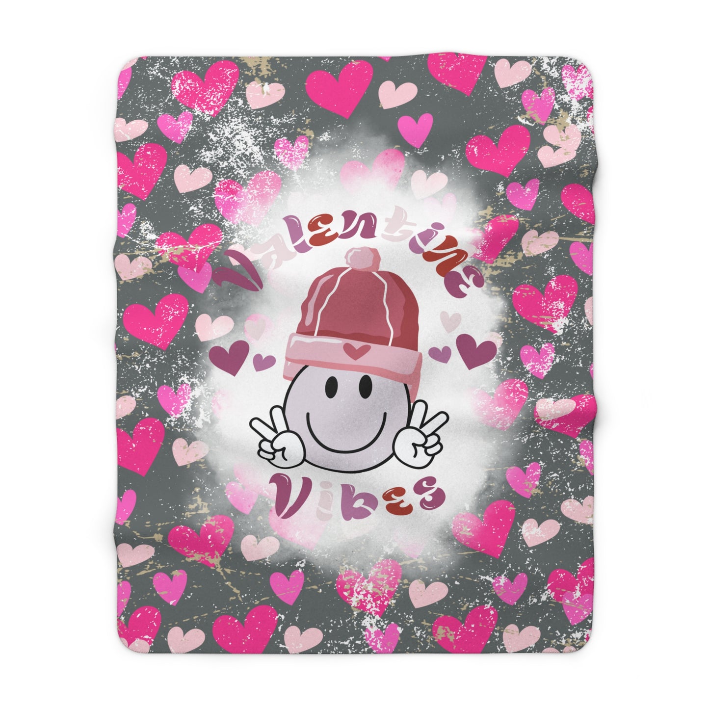 Grey Valentine’s sherpa fleece blanket with Valentine’s Vibes smiley face