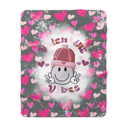 Grey Valentine’s sherpa fleece blanket with Valentine’s Vibes smiley face