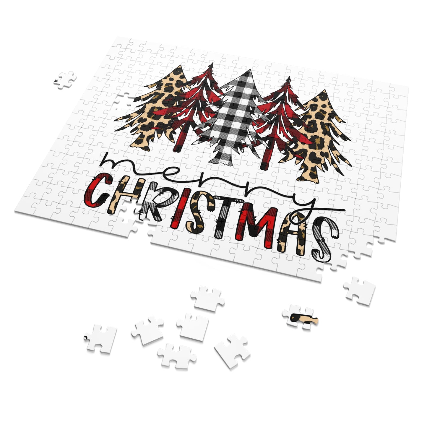 Merry Christmas Jigsaw Puzzle with Tin — Buffalo Plaid & Leopard Trees Merry Christmas Holiday Design