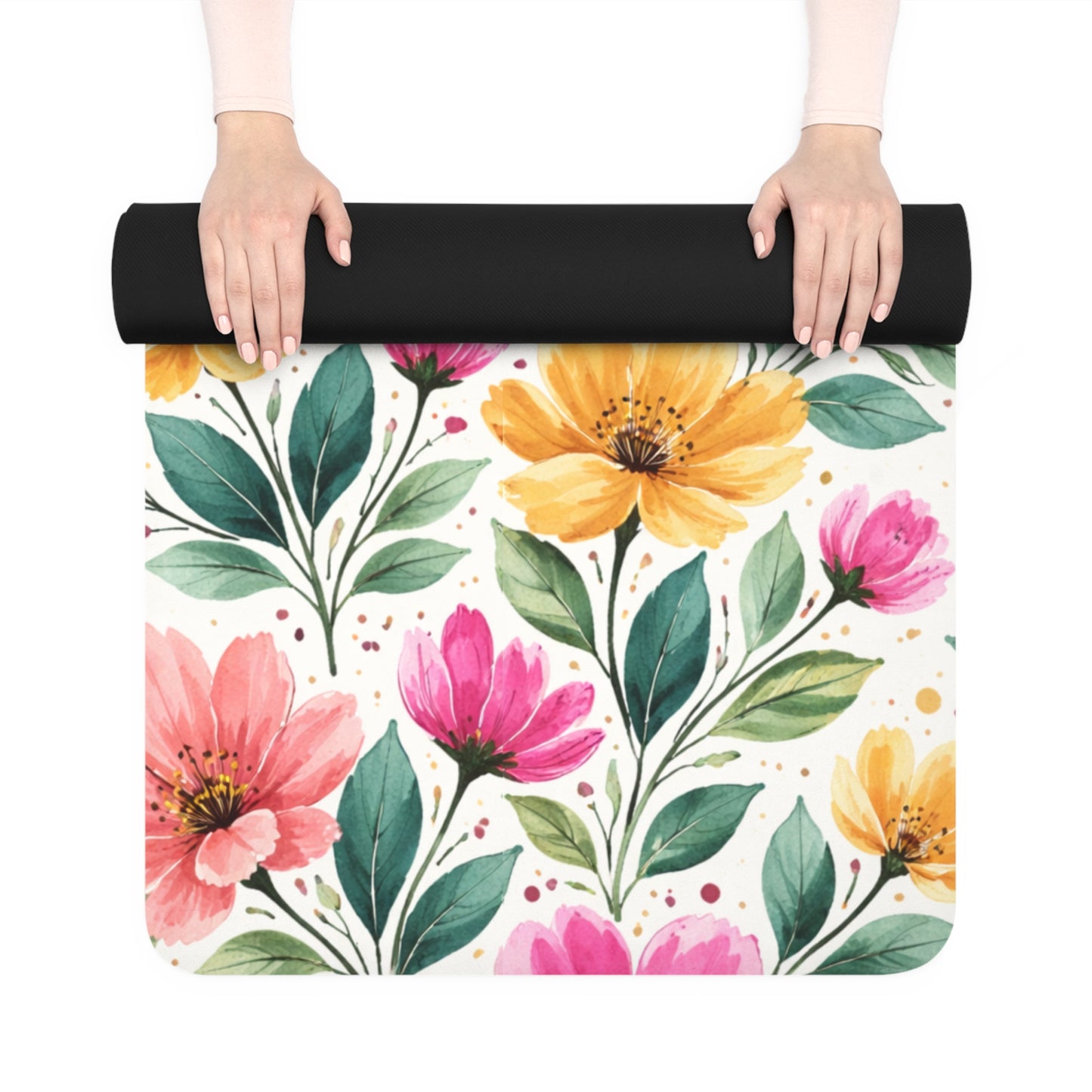 Watercolor Wildflower Garden Pattern – Splatter Bloom Collection - Rubber Yoga Mat