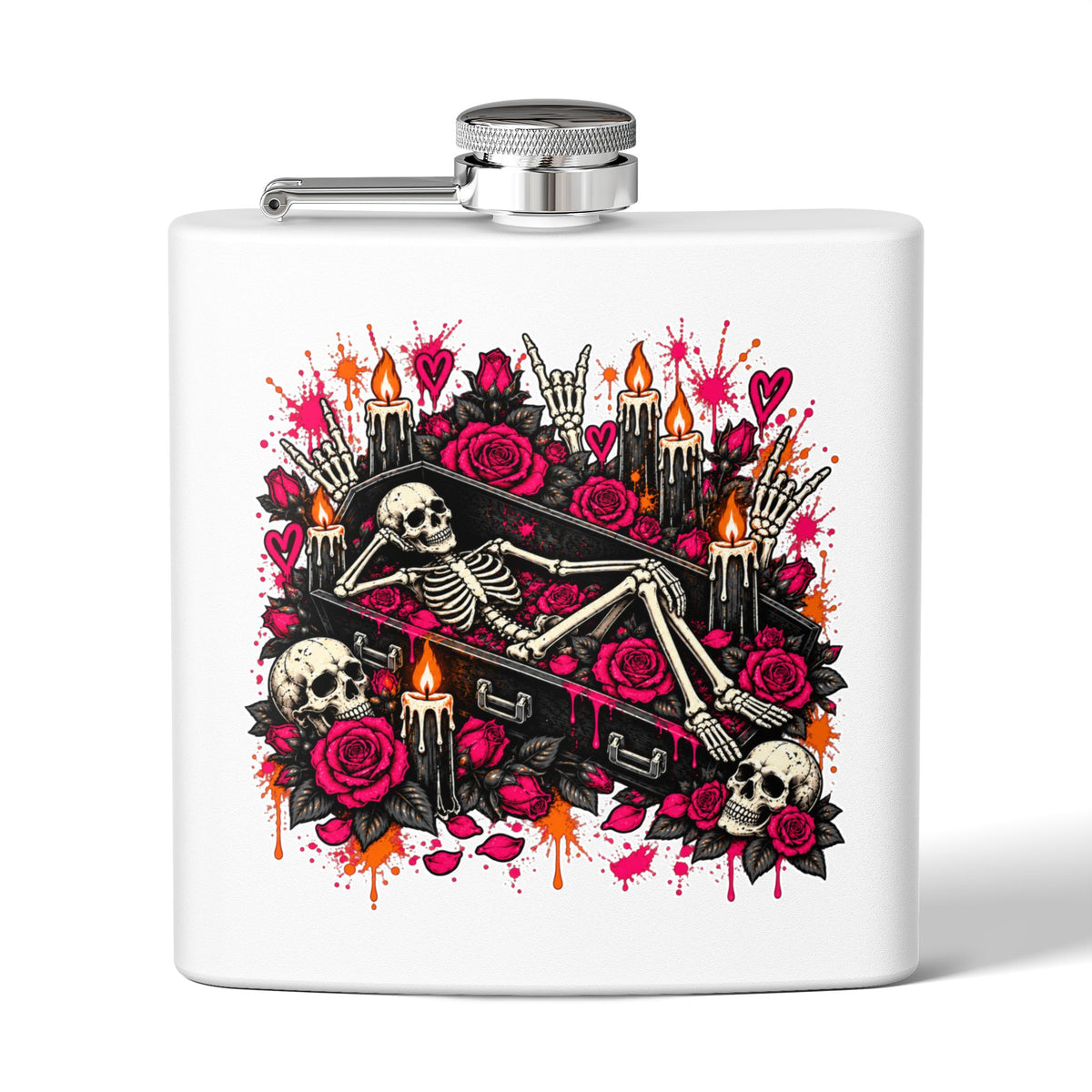Dead & Unbothered 6oz Stainless Steel Flask | Gothic Skeleton Drinking Flask by Subbin4Sanity