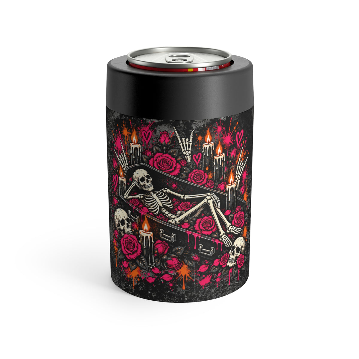 Dead & Unbothered 12oz Insulated Stainless Steel Koozie | Gothic Skeleton Can Holder by Subbin4Sanity
