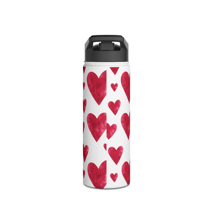 Red Watercolor Heart Patterned Stainless Steel Valentines Water Bottle — Valentine's Day Water Bottle