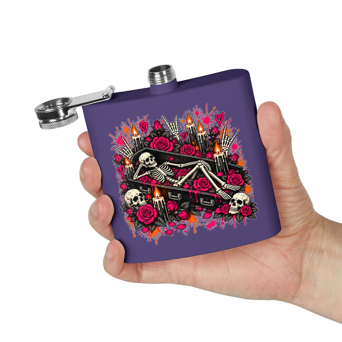 Dead & Unbothered 6oz Stainless Steel Flask | Gothic Skeleton Drinking Flask by Subbin4Sanity