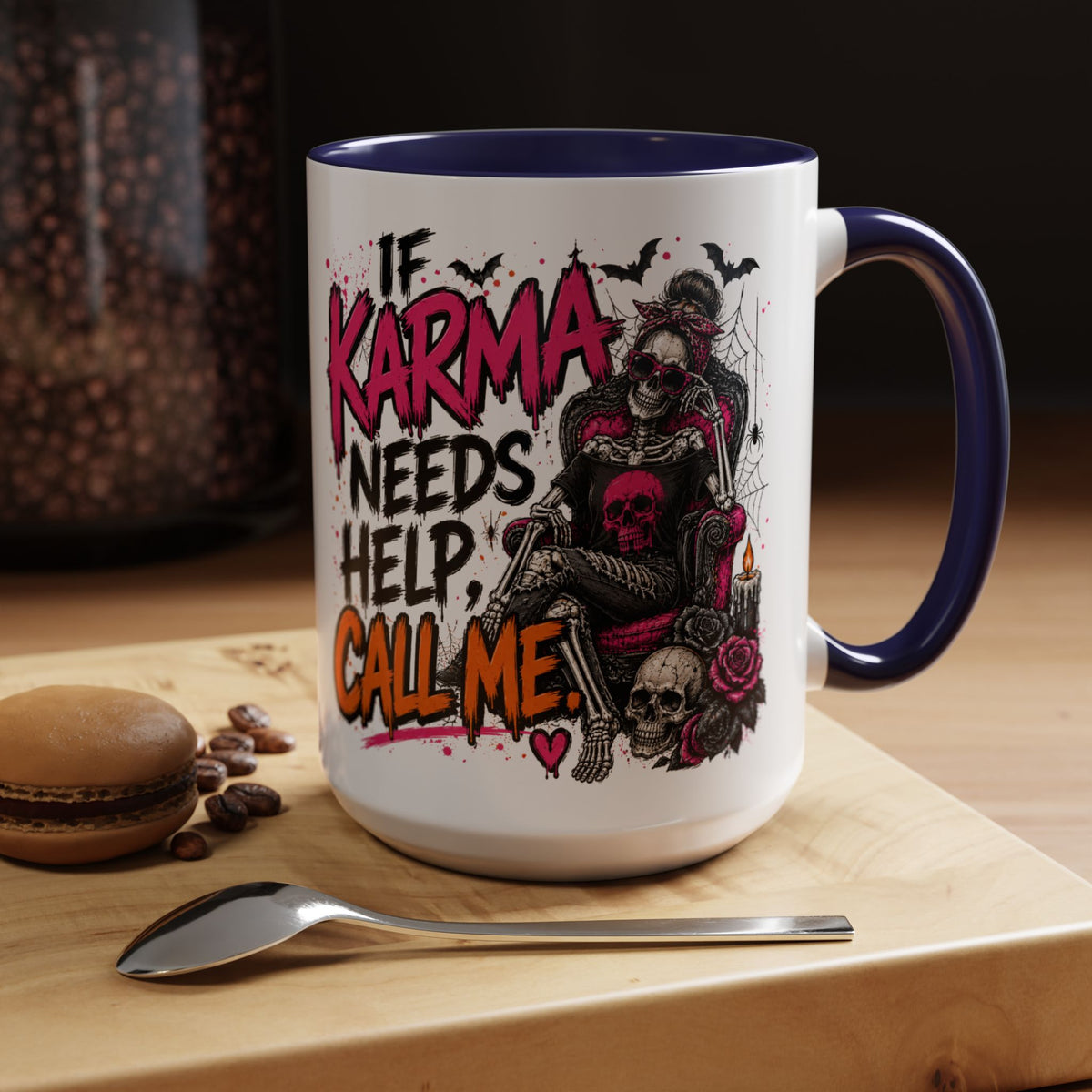 If Karma Needs Help Call Me Coffee Mug | Sarcastic Gothic Ceramic Mug by Subbin4Sanity