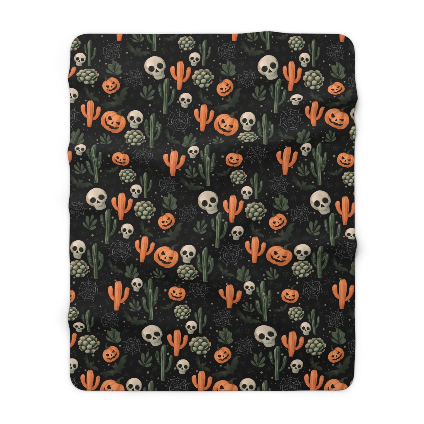 Black Boho Halloween Sherpa Fleece Blanket - Pumpkins, Spiders, Webs, Cactus, Cozy Fall Home Decor, Gothic Halloween Decor, Halloween
