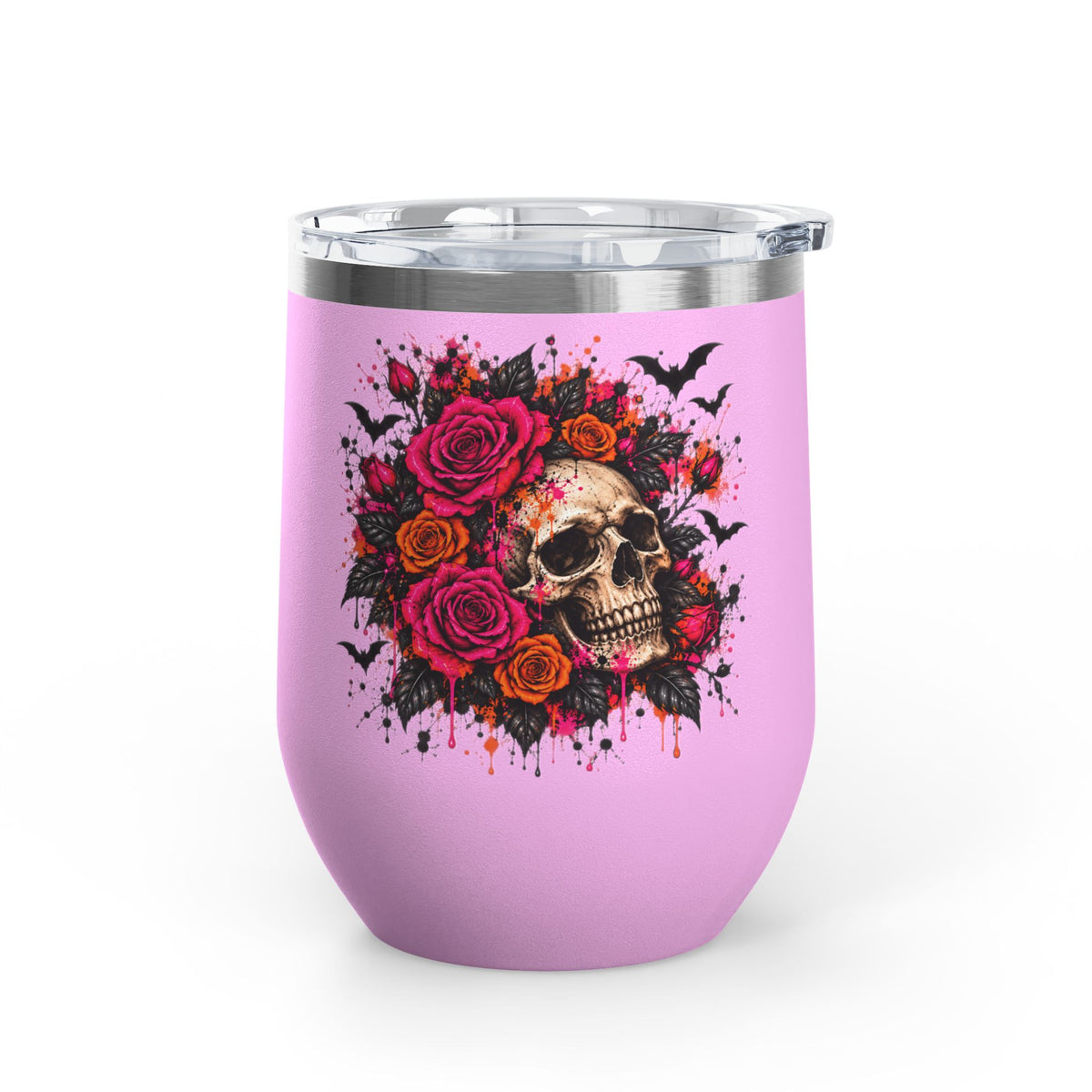 Deadly Blooms 12oz Wine Tumbler | Gothic Floral Skull Stainless Steel Cup by Subbin4Sanity