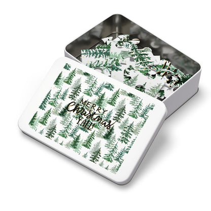"Merry Christmas Yall!" Puzzle with Tin Box with Christmas Tree Background