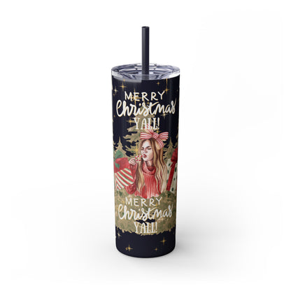 Christmas Skinny Tumbler with Straw, 20oz, "Merry Christmas Yall/I'm a gift"